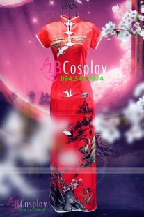 Sườn Xám Đỏ Gấm Thái Vải Cực Mịn - Mát