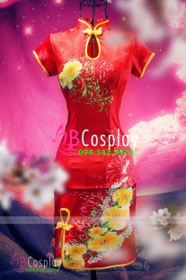 Sườn Xám Đỏ Gấm Ngắn Cổ Giọt Nước Có Tay