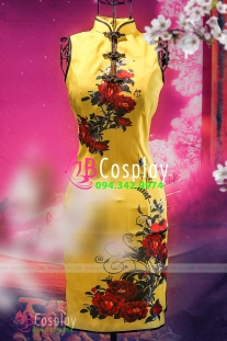 Sườn Xám Vàng Phi Ngắn Không Tay Cổ Tàu Hoa Hồng