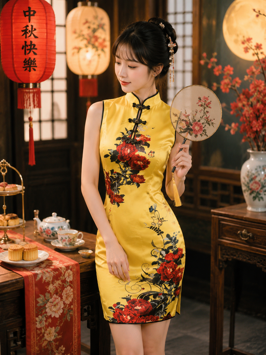 Sườn Xám Vàng Phi Ngắn Không Tay Cổ Tàu Hoa Hồng