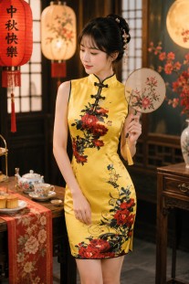 Sườn Xám Vàng Phi Ngắn Không Tay Cổ Tàu Hoa Hồng
