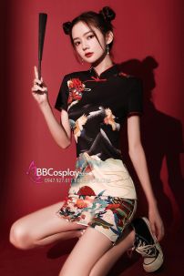 Sườn Xám Cách Tân Hạc Du Thiên Viền Đỏ