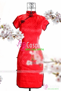 Sườn Xám Gấm Thái Đỏ Ngắn