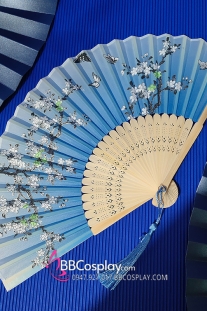 Quạt Xếp Xanh Dương Hoa Đào Trắng