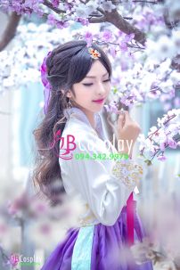 Hanbok Hàn Quốc 23 Áo Trắng Váy Tím 2 Lớp