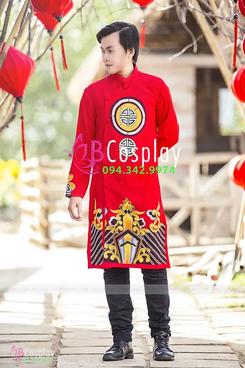 Áo Dài Nam Đỏ Vẽ Tay Cho Chú Rể