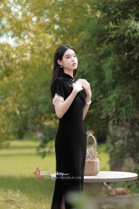 Sườn Xám Đen Dài Vintage Quyến Rũ