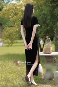 Sườn Xám Đen Dài Vintage Quyến Rũ