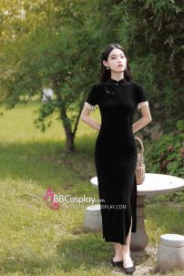 Sườn Xám Đen Dài Vintage Quyến Rũ