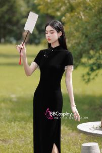 Sườn Xám Đen Dài Vintage Quyến Rũ