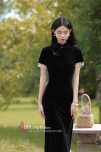 Sườn Xám Đen Dài Vintage Quyến Rũ