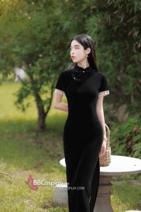 Sườn Xám Đen Dài Vintage Quyến Rũ