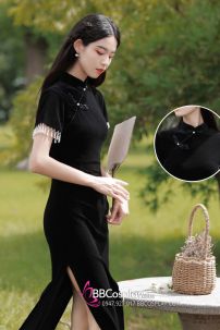 Sườn Xám Đen Dài Vintage Quyến Rũ