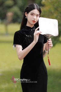 Sườn Xám Đen Dài Vintage Quyến Rũ