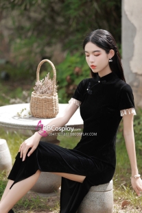 Sườn Xám Đen Dài Vintage Quyến Rũ