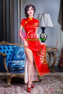 Sườn Xám Phi Đỏ Dài Có Tay In Hoa Mai