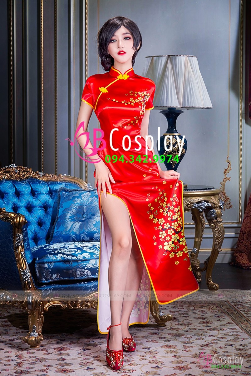 Sườn Xám Phi Đỏ Dài Có Tay In Hoa Mai