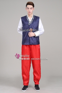 Hanbok Cho Nam Hàn Quốc Gấm Xanh Quần Đỏ