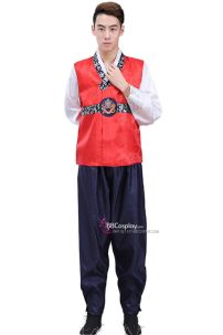 Áo Hanbok Cho Nam Gấm Đỏ Quần Xanh