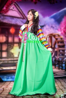 Hanbok Hàn Quốc Tay Áo Sọc Váy Xanh 26