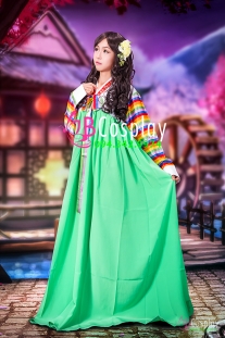 Hanbok Hàn Quốc Tay Áo Sọc Váy Xanh 26