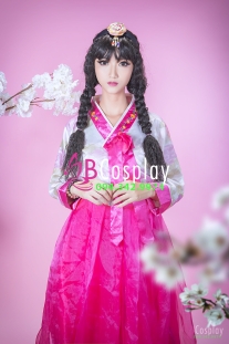 Hanbok Hàn Áo Trắng Váy Hồng Voan 2 Lớp