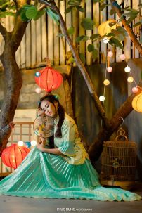 Bộ Áo Váy Sườn Xám Cách Tân Chụp Ảnh Thu Tone Xanh Mint