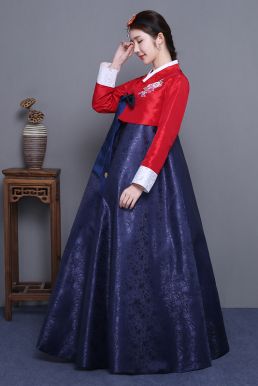 Hanbok Hàn Quốc Áo Đỏ Váy Xanh Gấm