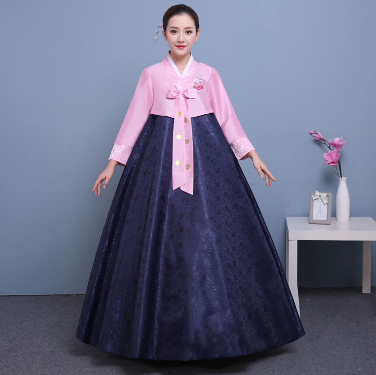 Hanbok Hàn Quốc Áo Hồng Váy Xanh Gấm