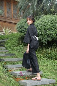 Nagagi Nam - Yukata Nữ Nền Đen Obi Trắng