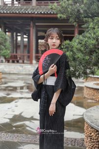 Nagagi Nam - Yukata Nữ Nền Đen Obi Trắng