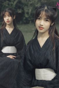 Nagagi Nam - Yukata Nữ Nền Đen Obi Trắng