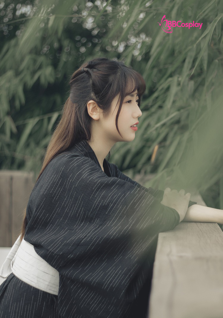 Nagagi Nam - Yukata Nữ Nền Đen Obi Trắng