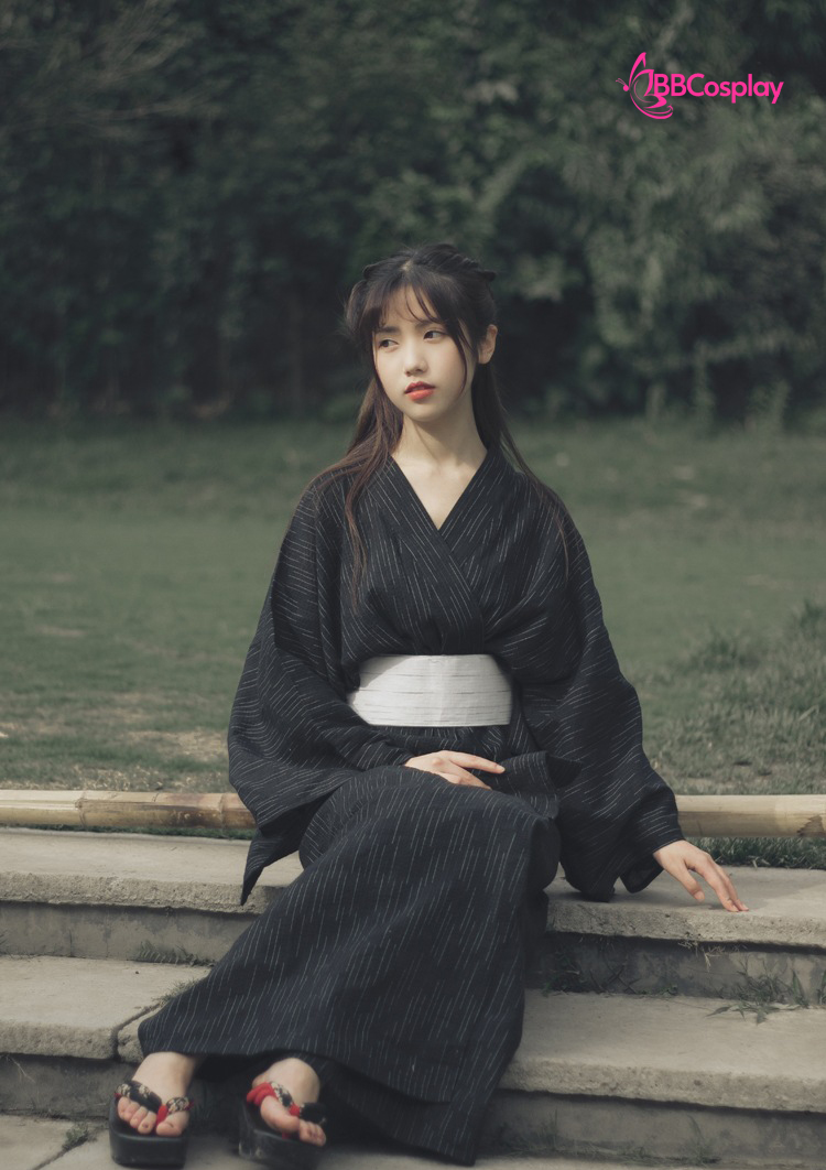 Nagagi Nam - Yukata Nữ Nền Đen Obi Trắng