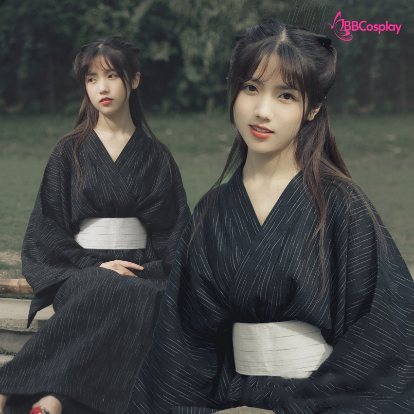 Nagagi Nam - Yukata Nữ Nền Đen Obi Trắng