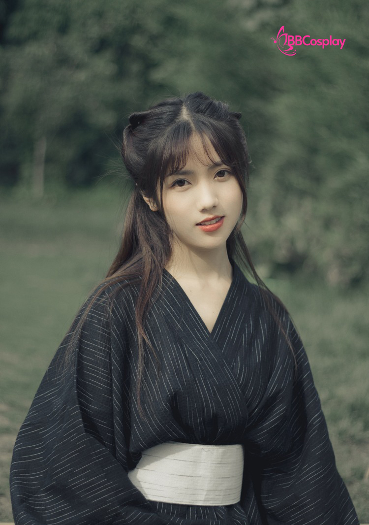 Nagagi Nam - Yukata Nữ Nền Đen Obi Trắng