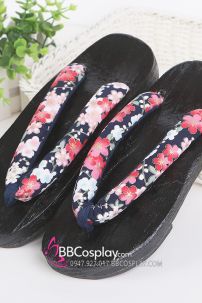 Guốc Gỗ Geta Bản Gỗ Đen Đế Thấp Quai Hoa