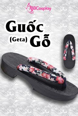 Guốc Gỗ Geta Bản Gỗ Đen Đế Thấp Quai Hoa