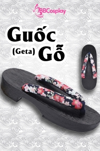 Guốc Gỗ Geta Bản Gỗ Đen Đế Thấp Quai Hoa