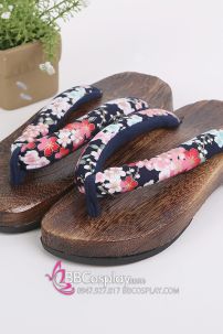 Guốc Gỗ Geta Bản Gỗ Nâu Đế Thấp Quai Đen Hoa