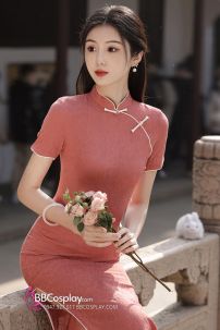 Sườn Xám Mùa Xuân Thiếu Nữ Dịu Dàng Viền Trắng Dáng Dài