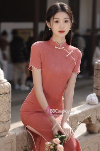 Sườn Xám Mùa Xuân Thiếu Nữ Dịu Dàng Viền Trắng Dáng Dài