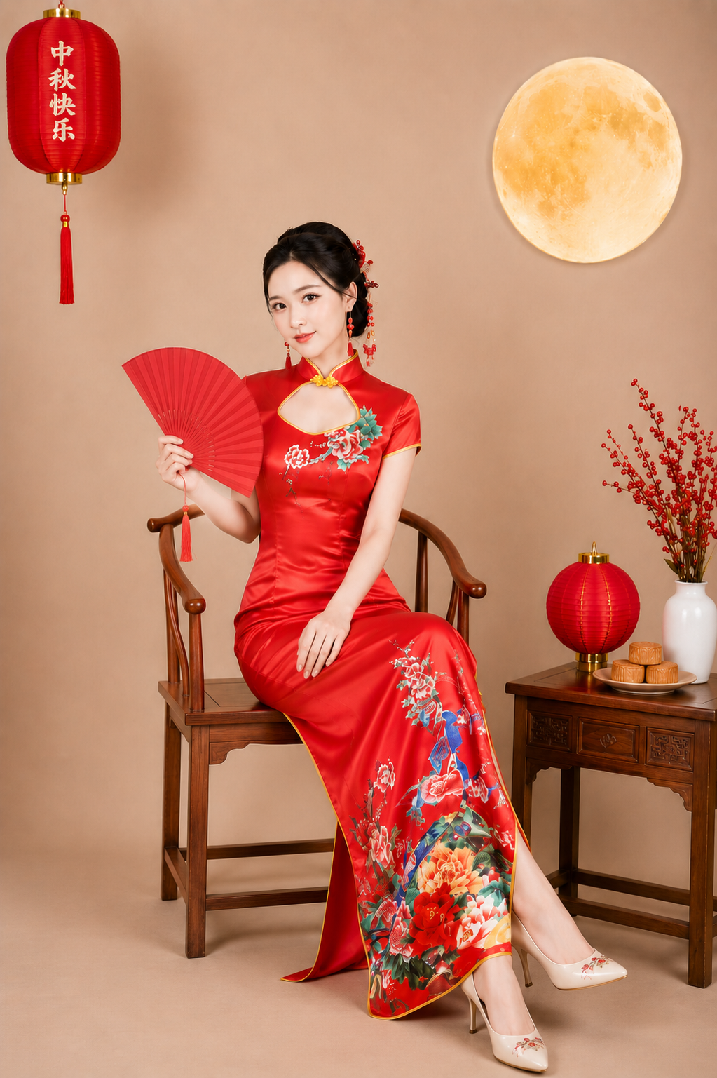 Sườn Xám Phi Lụa Dài Họa Tiết Công