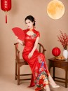 Sườn Xám Phi Lụa Dài Họa Tiết Công