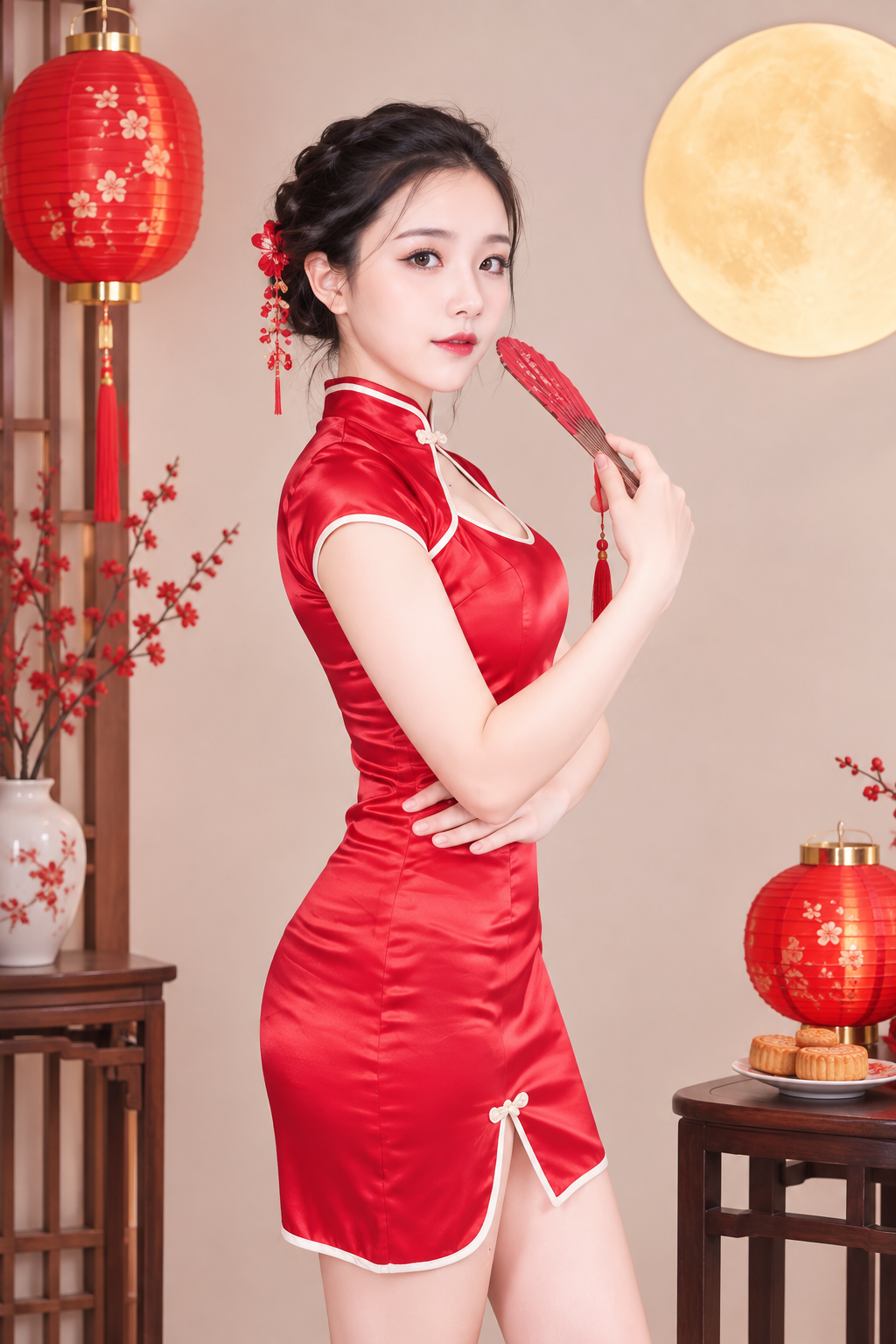 Sườn Xám Phi Lụa Dài Họa Tiết Công