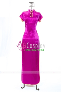 Sườn Xám Phi Lụa Tím Dài Size L