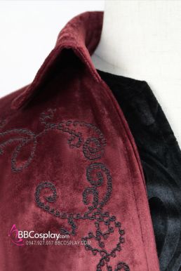 Vest Tuxedo Nhung Đỏ Hoa Văn Đen 16-18Th Century Hoàng Gia