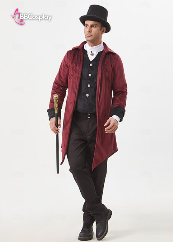 Vest Tuxedo Nhung Đỏ Hoa Văn Đen 16-18Th Century Hoàng Gia