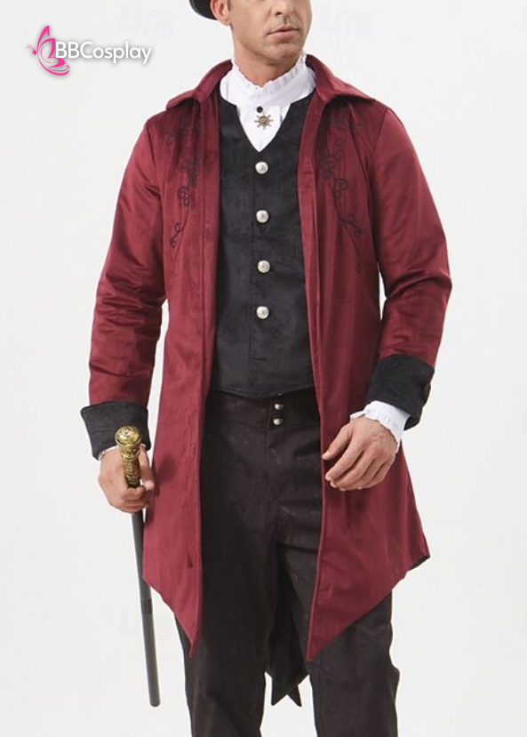 Vest Tuxedo Nhung Đỏ Hoa Văn Đen 16-18Th Century Hoàng Gia