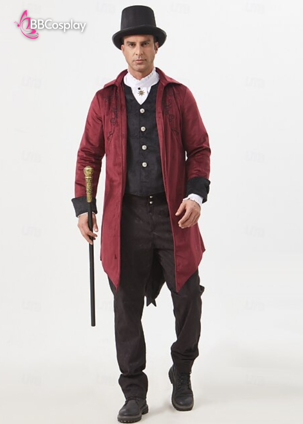 Vest Tuxedo Nhung Đỏ Hoa Văn Đen 16-18Th Century Hoàng Gia